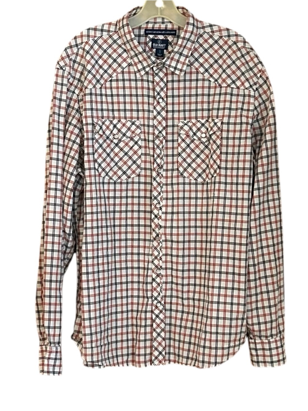 Old Navy White Plaid Button-Down Shirt with Red & Black Accents